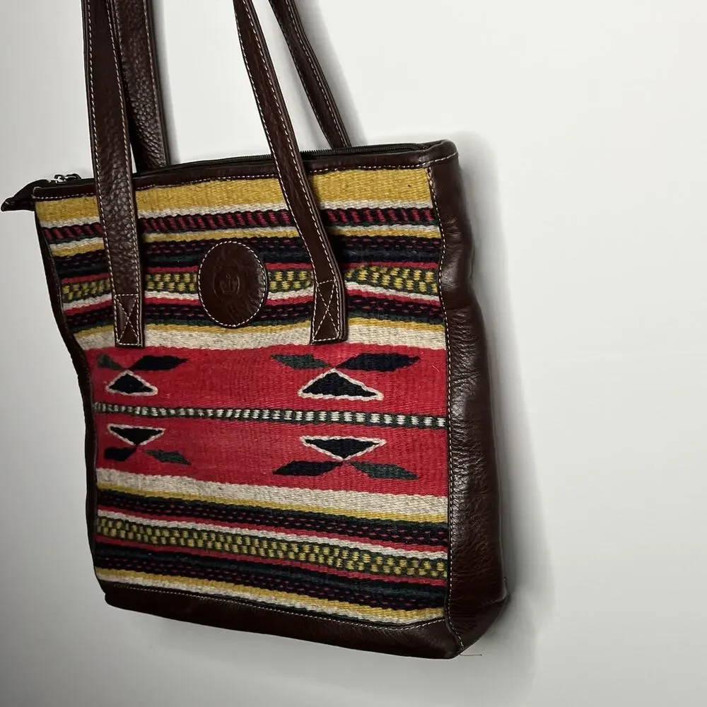 Born Wool Leather Tote Bag Southwestern Boho Aztec Pattern Shoulder‎ Purse